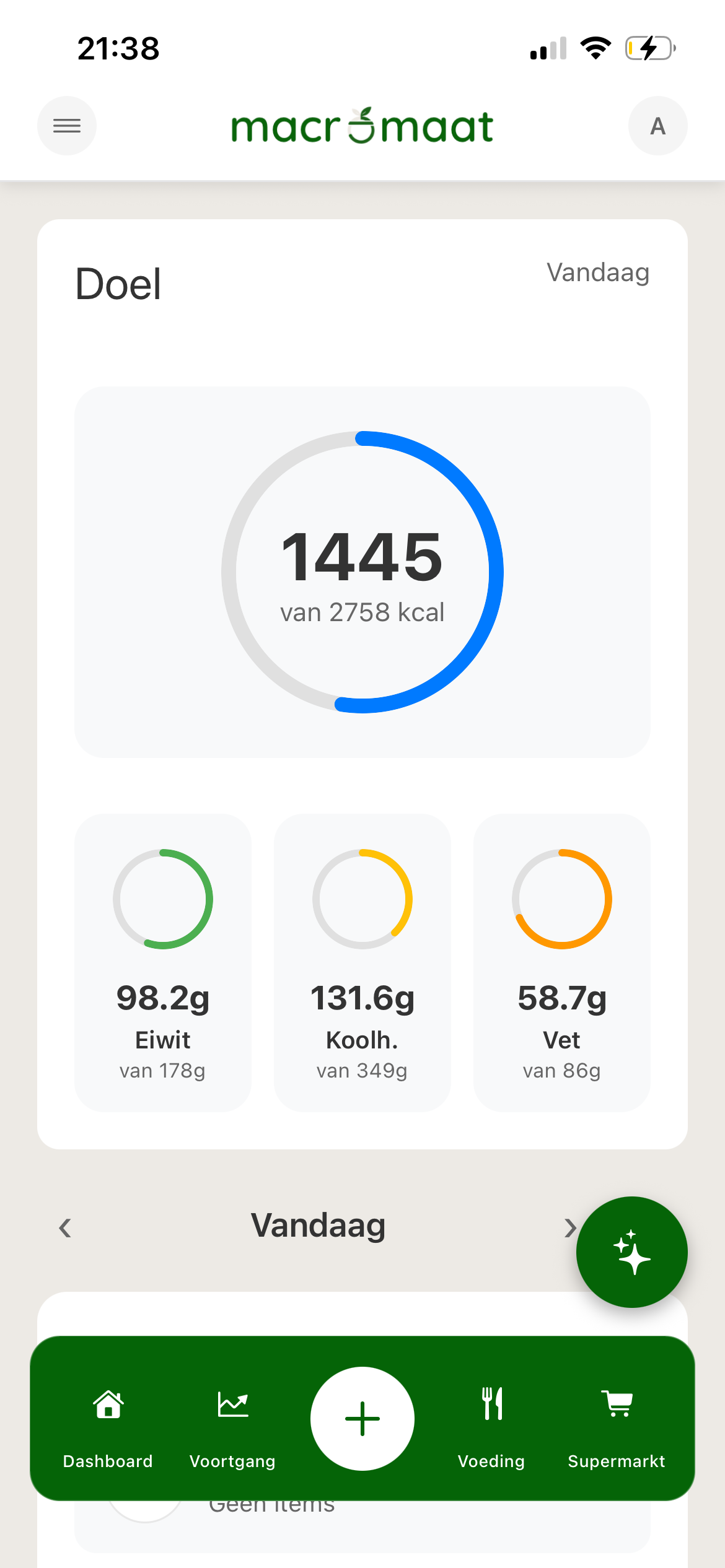 Macromaat dashboard met voedingsinformatie en dagelijkse doelen